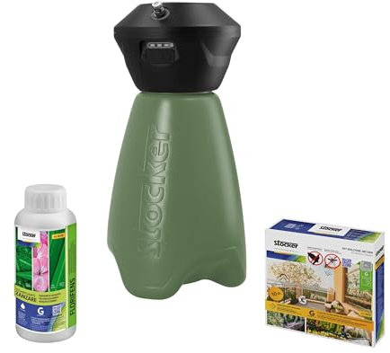 STOCKER - KIT Nebulizzatore Giardino Elettrico Geyser Compact - Geyser Mini 2 L con Batteria Li-Ion + Disabituanate Florifens + Kit Balcone Anti-Zanzare Estendibile Fino a 10 m