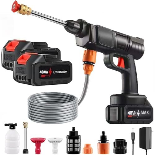 Lavadora de alta presión con 2 pilas de 48 V, multifuncional, 6 en 1, con manguera de 5 m, limpiador de alta presión inalámbrico para coches, jardín, Fenste