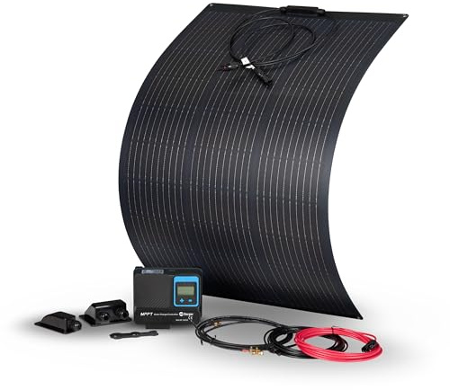 BERGER Kit complet de système solaire Deluxe Flex | Panneau solaire avec régulateur de charge MPPT | Panneau solaire flexible 100 W pour camping-car, bateau et extérieur avec MC4 et pinces crocodiles