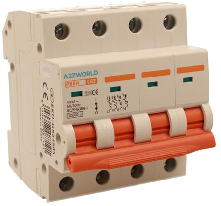 Interruttore Magnetotermico Trifase 4P 63A C63, Curva C 10kA, 4 Moduli DIN 380V AC, Certificato IEC60898-1, Serie PB8H