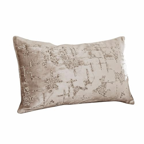 Loberon Kissenhülle Malencio, Creme/Silber | Aufwendig mit Perlen Bestickt - Schimmernder Look - Samtig Weich - Kissenbezug - Viskose - Baumwolle