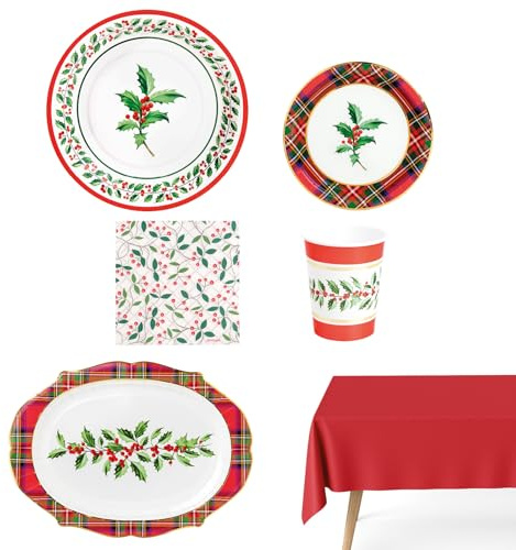 OH YEAH - Kit Vajilla Navidad 12 Personas Tartán - 73 Piezas - Platos, Vasos, y Servilletas Desechables - Temática Navideña - Cenas Navideñas, Reuniones Familiares y Fiestas de Fin de Año