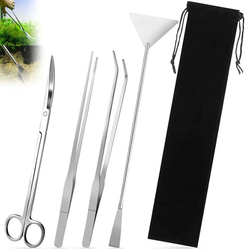 4 in 1 Set Attrezzi per Acquario con Borse di Stoccaggio, Accessori per Acquario Acqua Dolce in Acciaio Inox,Kit Pinzette Forbici Spatola Pulizia Acquari per L'acquario Landscaping e Piante Acquatiche