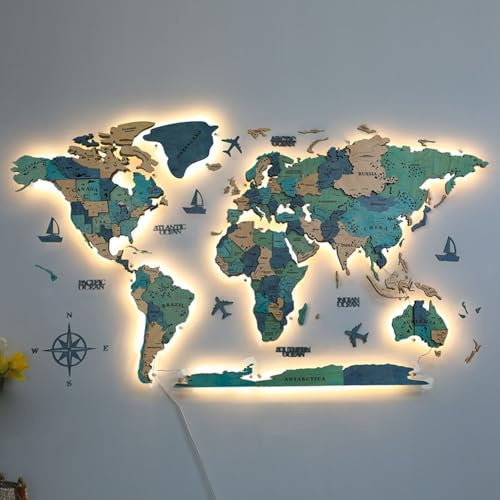 GDBTDL 3D LED Weltkarte Wanddekoration aus Holz und Acryl, Beleuchtete Weltkarte Wandbild Großformat, Modernes Reise Wandkunst Geschenk für Wohnzimmer und Büro