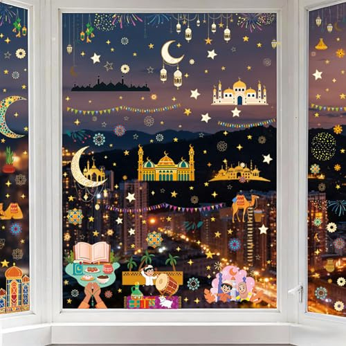 Ramadan Fensteraufkleber,9 Stück Eid Mubarak Fensterbilder,Fenstersticker Ramadan Sticker,Ramadan Kareem Aufkleber Fenster Deko,für Ramadan Dekoration Fensterdeko