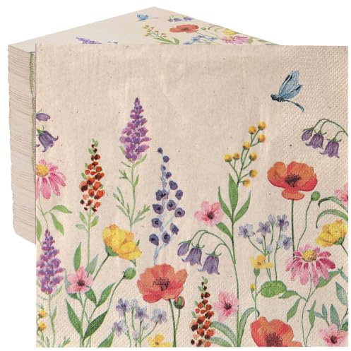 Table Kind 100 x Soft Recycled Paper Napkins 2ply, 33cm Wildflower Meadow Floral Napkins, Disposable Party Serviettes for Mothers' Day Weddings, Tea Parties, Natural Kraft, Unbleached, British Brand
