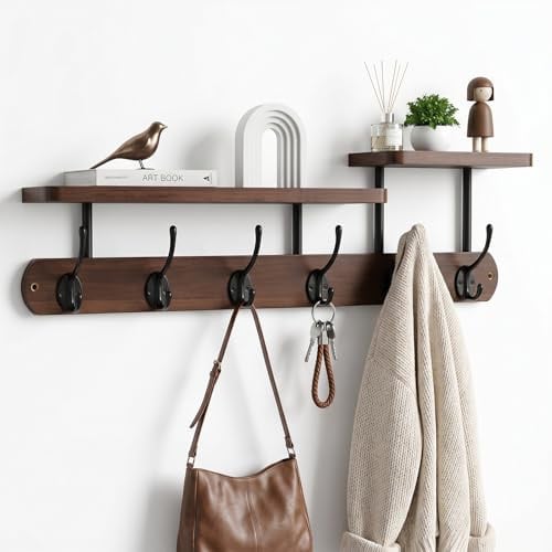 Wandgarderobe mit Ablage,Garderobenhaken Holz,Garderobenleiste Holz mit 6 Haken für Flure,Garderoben,Schlafzimmer(59CM) (Dunkle Holzfarbe)