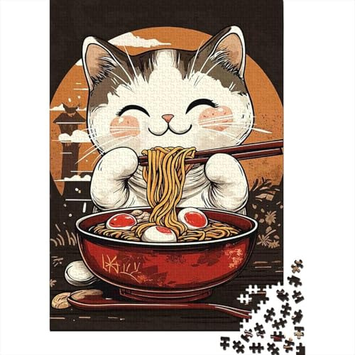 Niedliche Katze Essen Nudeln 1000 Stücke Robuste Pappe Puzzle-Set Paar Partner Herausforderung Spiel Gehirntraining Dekoration 38x26cm/1000pcs