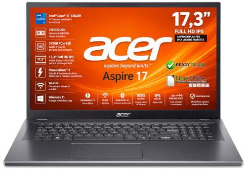 Acer Notebook Aspire 17, Display 17.3 FullHD IPS, i7 13620H, DDR5 | Intel Core i7-13620H 10Core, RAM DDR5 16GB, Thunderbolt 40Gb/s, SSD PCIe 512GB, Wi-Fi6, Win 11, Libre Office, Ready to Use