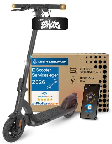 ePowerFun ePF-Skate E-Scooter mit Straßenzulassung 15,9kg leicht & kompakt | 53 km Reichweite, 1200 W Peak, 500 W Heckantrieb, 9 Zoll Luftreifen, Blinker vorn + hinten, App-Wegfahrsperre, IP65