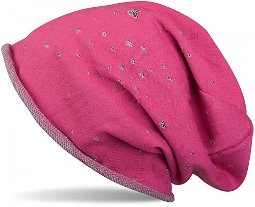styleBREAKER Unisex Stoff Beanie Mütze mit Vintage Löcher und Rollrand im Destroyed Used Look, Longbeanie 04024052, Farbe:Pink-Grau