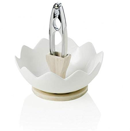 BRANDANI 54605 Zigozago-Piatto in Porcellana e bambù Naturale con schiaccianoci, Bianco