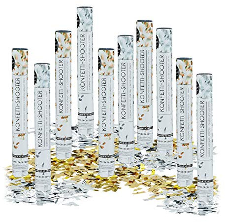 Relaxdays 10 x Party Popper 40 cm im Konfettikanonen Set, Konfetti Bombe für Hochzeit und Geburtstag, Konfetti Shooter 6-8 m Effekthöhe, Gold/Silber metallic