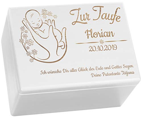LAUBLUST Holzkiste mit Gravur - Personalisiert mit Name | Datum | WIDMUNG - Weiß Größe XL - Blumenbaby Motiv - Geschenkkiste zur Taufe, FSC®