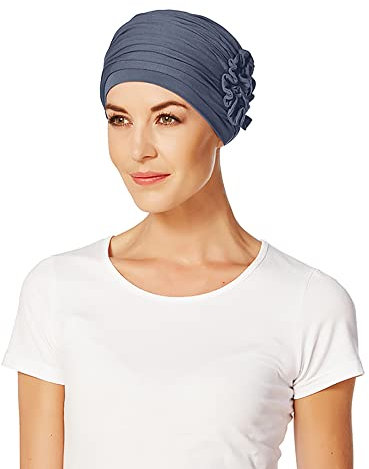 Christine Headwear Lotus Turban Damen Blau | Chemo Kopfbedeckung Damen | Kopftuch für Damen Mit Haarausfall | Chemo Mütze Damen Auf 95% Viskose Bambus 5% Elasthan