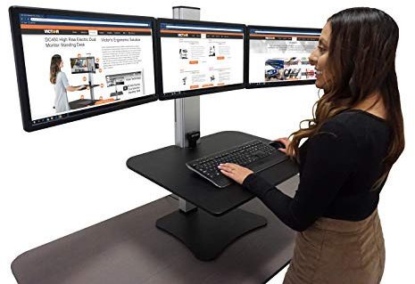 Victor DC475 High Rise Electric Triple Monitor Standing Desk Converter | Three Large Monitor Sit-Stand Desk | 28” Wide Work Surface | Compatible with Any Standard Desk | Adjustable Monitor Holder