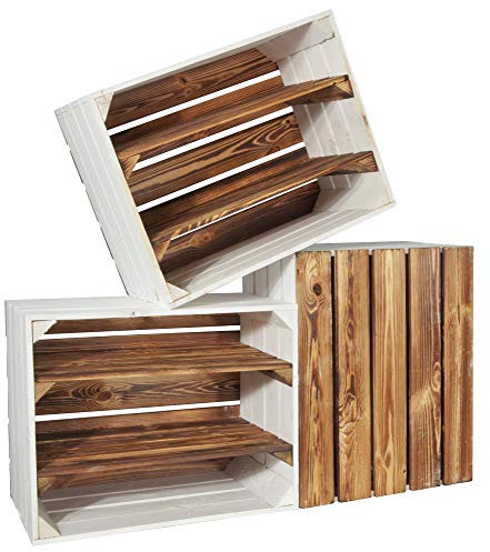 CHICCIE 3 Set Holzkiste Grete Geflammt Weiß 50x40x30cm - 2x Langes Regal Weinkiste