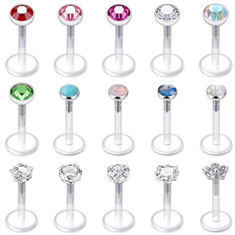 CZ & Opal Acryl Monroe Lippe Ring Tragus Ohrring Helix Knorpel Stud Bar 16G Klar Bioflex Labret Piercing Retainer Schmuck 15 Stück