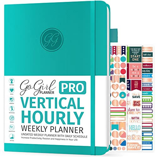 GoGirl Planer Pro Terminkalender – Produktivitätsplaner mit stündlichen Zeitschlitzen, monatlich, wöchentlich und täglich, Terminbuch für Zeitmanagement, undatiert, 17,8 x 25,4 cm, Hardcover, hält 1