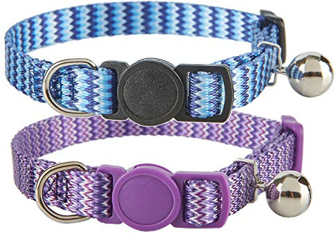 YUDOTE Cat Collars Pack of 2, Printed Unique Pattern Basic Strong Cat Collar Quick Release with Removeable Bell, Blue Purple