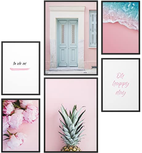 Papierschmiede® Mood Poster Set La Vie En Rose, Bilder Wohnzimmer Deko Schlafzimmer, 2x 30x40cm und 4x 21x30cm, Rosa Ananas Pfingstrosen - ohne Rahmen