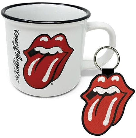 Pyramid International The Rolling Stones Ensemble tasse et porte-clés dans un coffret cadeau (motif lèvres chaudes) 325 ml Tasse en céramique style feu de camp et porte-clés tissé – Produit officiel