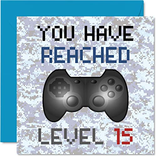 Geburtstagskarte zum 15. Geburtstag, Motiv: You Have Reached Level 15, für Jungen, Teenager, Teenager, Spiele, Videospiel, Tochter, Sohn, Kinder, Enkelin, 145 mm x 145 mm