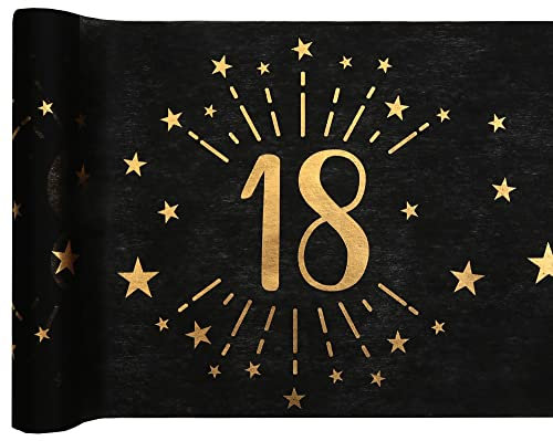 Tischläufer Tischdecke 18 zum 18. Geburtstag in schwarz & gold mit Sternen Geburtstags-Deko Geburtstags-Feier Tisch-Dekoration Geburtstag 18. Geburtstag Mann & Frau Volljährigkeit 1 Rolle = 5m