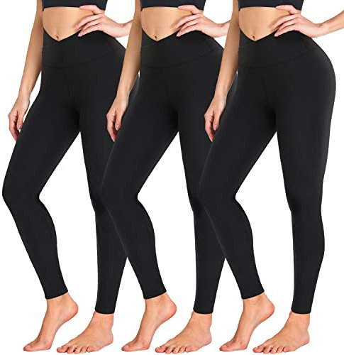 ACTINPUT Leggings Damen Taille Kreuzen Leggins Blickdicht Sportleggings Lang Elastische Yogahose Laufhose Für Sport Gym Yoga(Schwarz,L-XL)