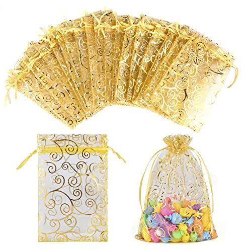 100 Stück Gold Organzasäckchen 10x15 cm Druck Schmuckbeutel Organzabeutel Geschenkbeutel Hochzeit Säckchen mit Kordelzug für Festival Geburtstag Party
