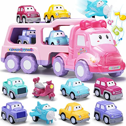 Jouet de Camion pour Petites Filles Ensemble 9 en 1 Petites Voitures à Friction avec Lumière et Son Transporteur Cadeau Anniversaire pour Enfant Bébé de 1 2 3 Ans, Rose