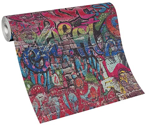 BRICOFLOR Graffiti Tapete bunt | Urbane Papiertapete in Steinoptik ideal für Teenager und Jugendzimmer | Ausgefallene Papier Mustertapete mit Mauer Design