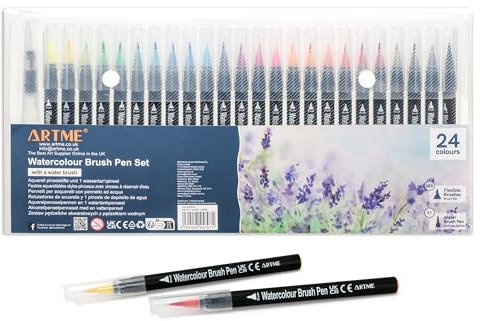 ARTME Stylos pinceaux Aquarelle 24 Couleurs Feutre - Fournitures d'art pour Livres DIY Croquis Bullet Lettrage Journal Calligraphie Peinture, avec 1 Pinceau à Eau réutilisable
