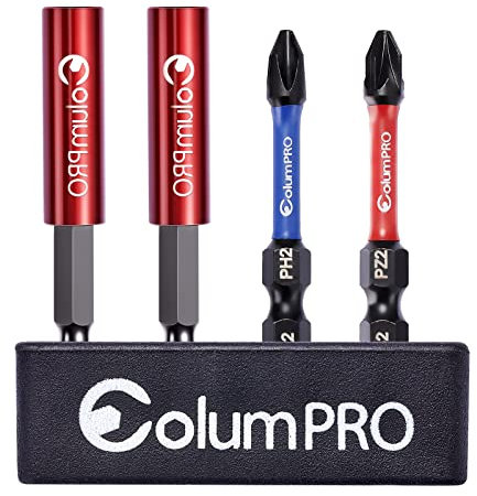 ColumPRO Juego de 4 piezas de almacenamiento de brocas, 2 soportes magnéticos fuertes de 60 mm con puntas de impacto S2 1 x 50 mm PZ2 y 1 destornillador PH2 de 50 mm compatible con hexagonales de 1/4