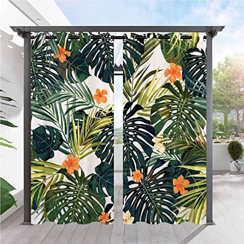 ANHOPE Rideaux D'extérieur Imperméable Rideaux Extérieur avec Oeillet Rideau Imprime Tropical Feuille de Palmier Rideau pour Jardin Pergola Terrasse Balcon 132L X 214H cm (2 Panneaux)