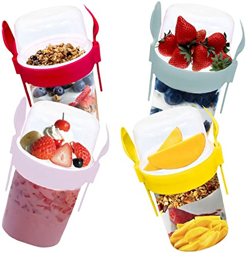 4All Reusable BPA free 1100ml Museli pots with Fork & spoon Plastic Cereal Yogurt Cup On the Go for Overnight Oats Pasta Jar Dishwasher Safe Set of 4 Grey,Yellow,Red,Pink