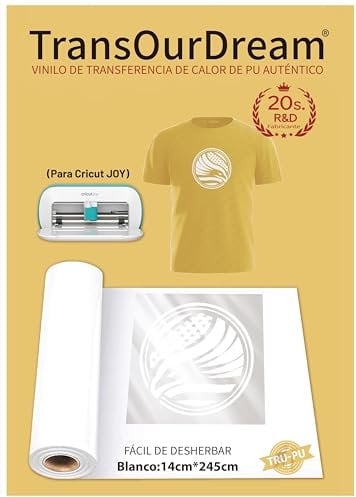 TransOurDream-vinilo de transferencia de calor PU, hojas HTV(blanco,14cmX245cm),Rollo de transferencia termoadhesivas para prendas de manualidades,delgado y transpirable.