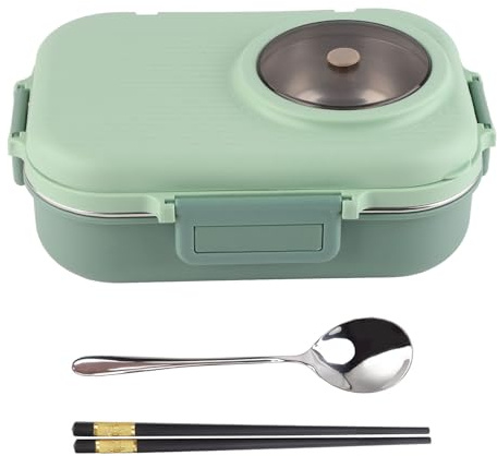 Ejoyous Recipiente Térmico de 1100 Ml, Lonchera de Acero Inoxidable con Aislamiento Térmico, Dos Capas y 3 Compartimentos, Caja a Prueba de Fugas con Tazón de Sopa (Verde)