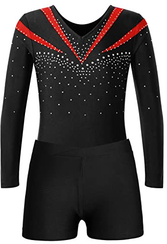 Jugaoge Mädchen Turnanzug Strasssteine Gymnastikanzug Langarm Trikotanzug mit Bein Sport Yoga Fitness Training Shorts Kurze Hose Tanz Kleidung Set Rot 122-128