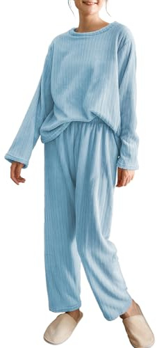 Hveuluop Gieen Pigiama da Donna a Coste – Maglia a Maniche Lunghe con Scollo Rotondo e Pantaloni in Pile Corallo, vestibilità Comoda, in Velluto Corallo, Taglia Unica
