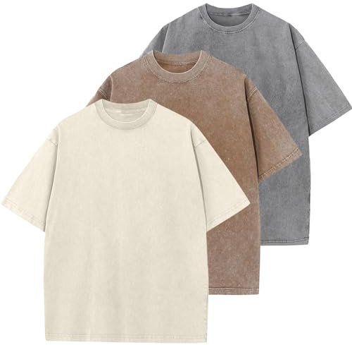 Oversized T-Shirt für Herren Heavy Baumwolle Regular Fit Basic Männer T-Shirt Set Casual Sommer Tops(BraunBeigeGrau XL)