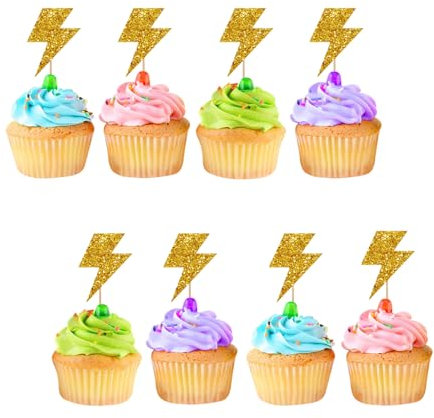 ROSTYAKZ 24pcs Lightning Cupcake Toppers for Baby Shower, Lightning Sign Cupcake Toppers, Gold Glitter Lightning Cake Decoration for Baby 1st Birthday Party Supplies