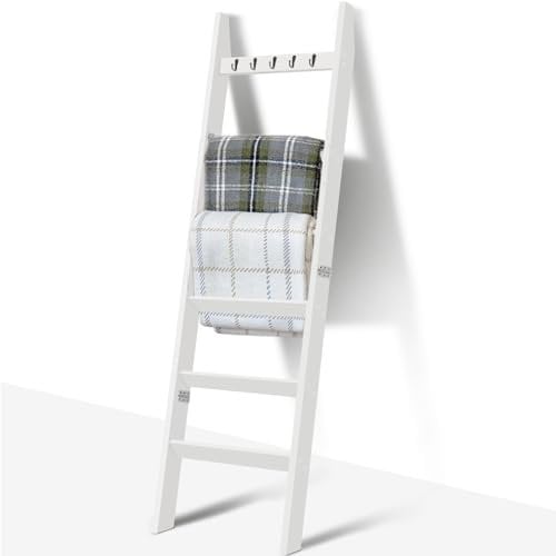 TEAKMAMA Blanket Ladder for Living Room and Bedroom, 5.4 Ft Wall Leaning Blanket Rack, Rustic Decorative Farmhouse Blanket Storage, Quilt Rack, Ladder Holder, Easy to Assemble (White)