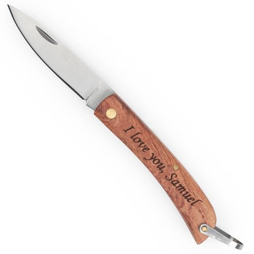 Wanapix | Couteau Personnalisé Gravé | Manche gravé avec Texte | Acier Inoxydable et Bois Naturel | Couteau Pliant/de Poche | Lame 7cm