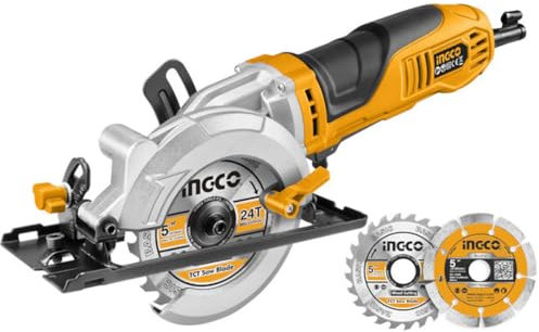 Ingco MFS1251 Mini Sega Circolare 750 W A Filo per Taglio Legno Piastrelle Plastica Tagli da 45° 90° 2 Dischi Inclusi