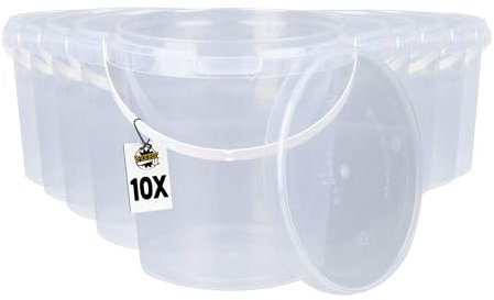 10 Eimer mit Deckel 1l Transparent rund | Kunststoff Eimer | Lebensmittelecht Eimer | luftdicht und stabil | Leer Eimer mit Griff und Deckel für Lebensmittel | Chemie | Tierfutter geeignet