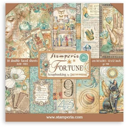 Stamperia - Scrapbook Paper Pad for Scrapbooking, Albums, Card Making, Bullet Journalling and More, Acid Free, Double-Sided, Perfect for Hobbies, Crafts, and Gifting (Fortune) (30.5 x 30.5cm)