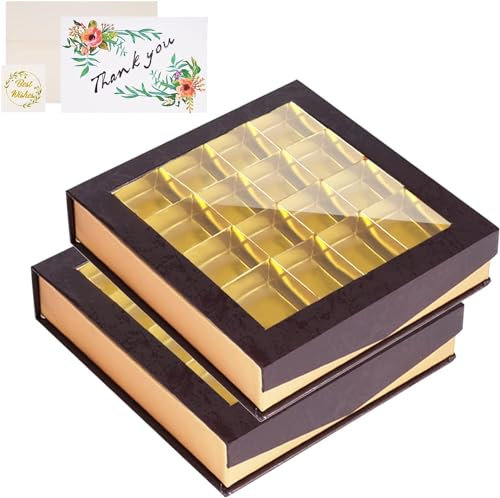 Pralinenschachtel leer geschenkschachtel,Schokolade Geschenkboxen Kiste Magnetische Dessert-Geschenkboxen mit Transparentes Fenster für Geburtstag,Weihnachten（2er-Pack) (Black, 16 Gitter (2 Packung))