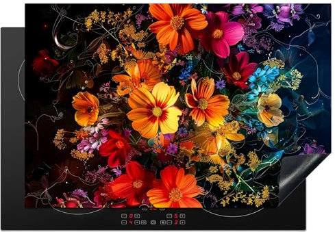 KitchenYeah© Protezione Piano Cottura Tappetino per Induzione 77x51 cm Cucina Proteggi Coprifornello Antiscivolo Fiori - Arte - Colori