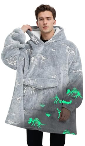 Mewkou Decke für Erwachsene, tragbare, übergroße Sherpa-Fleece-Decke, Hoodie für Damen und Herren, im Dunkeln leuchtender Dinosaurier